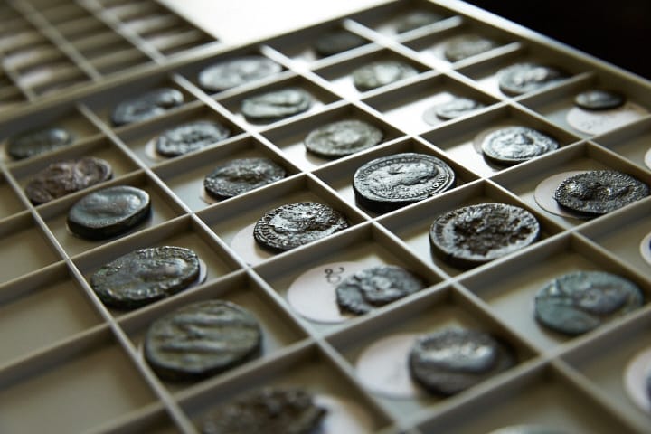 A display of roman coins