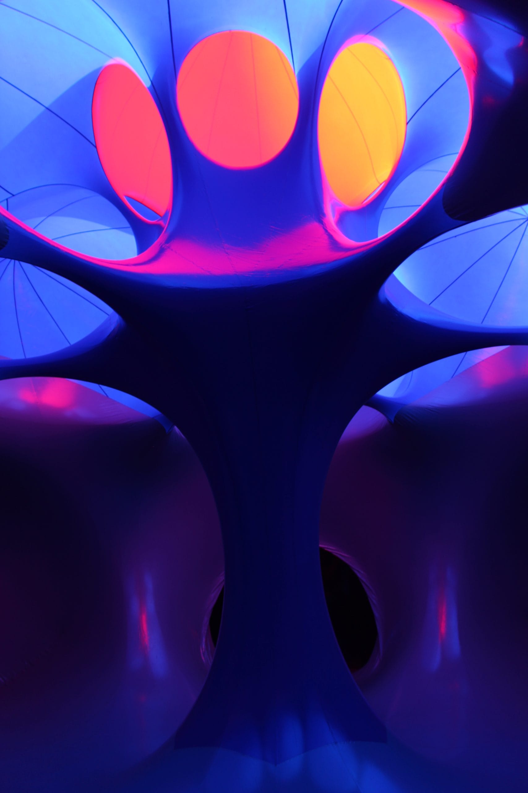 A riot of blues and yellows form a luminarium tree within the centre of one of the large domes within a luminarium.