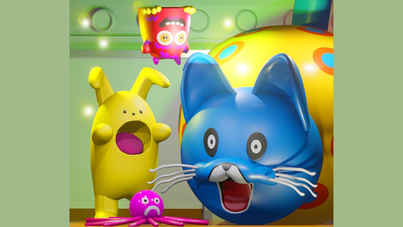 A collection of brightly coloured inflatable monsters including a yellow bunny and a blue cat