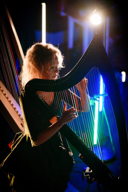 A woman plays a harp