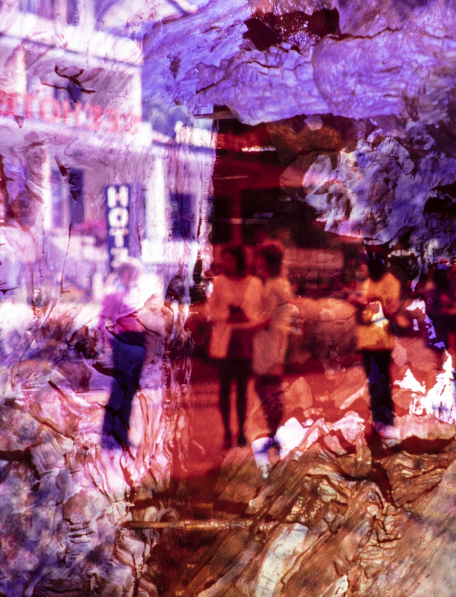 Two photos overlaid with pink paint showing people talking in the street