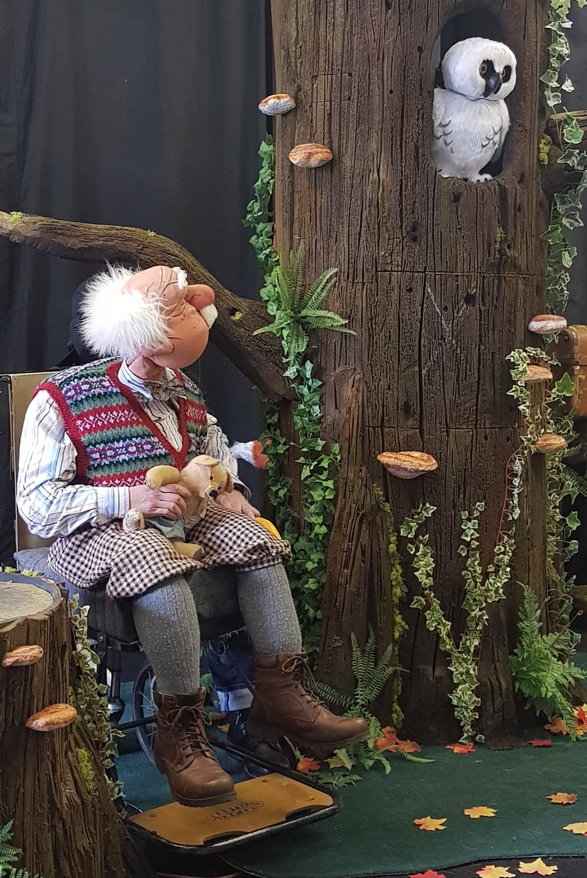 A puppet granddad looks up at an owl in a tree