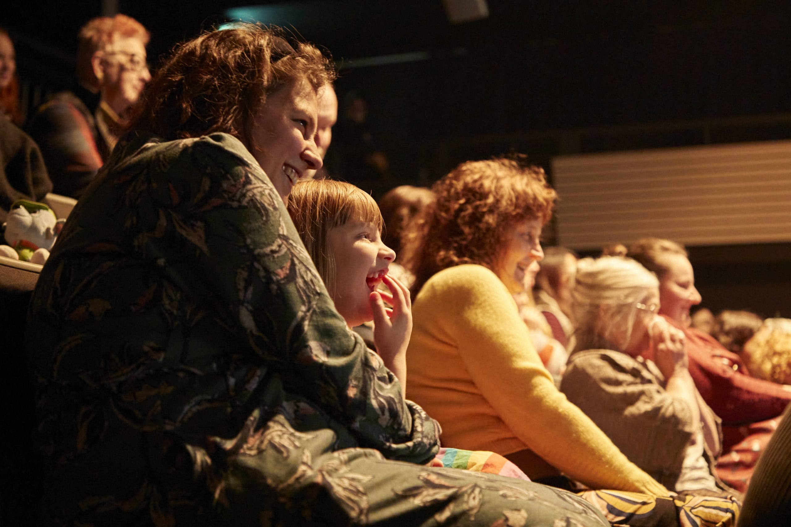 A family smile whilst watching a theatre show