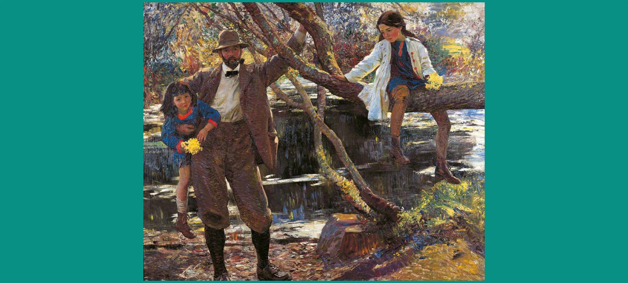 A painting of a man holding his daughter whilst another daughter climbs a tree