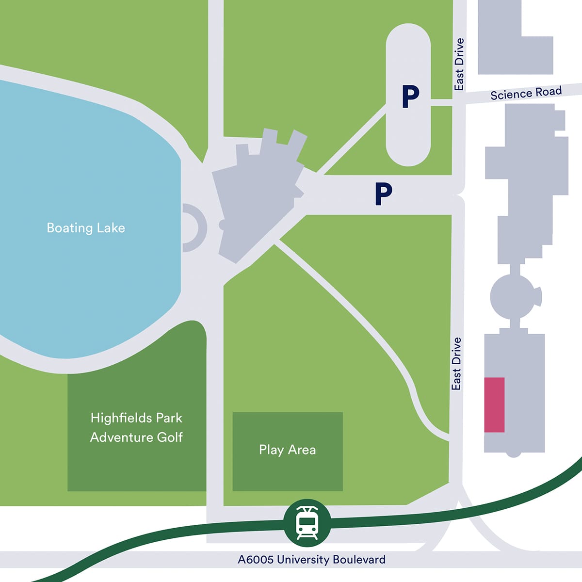 A map showing where the Angear Visitor Centre is located in relation to Lakeside Arts' buildings and the surrounding parkland.