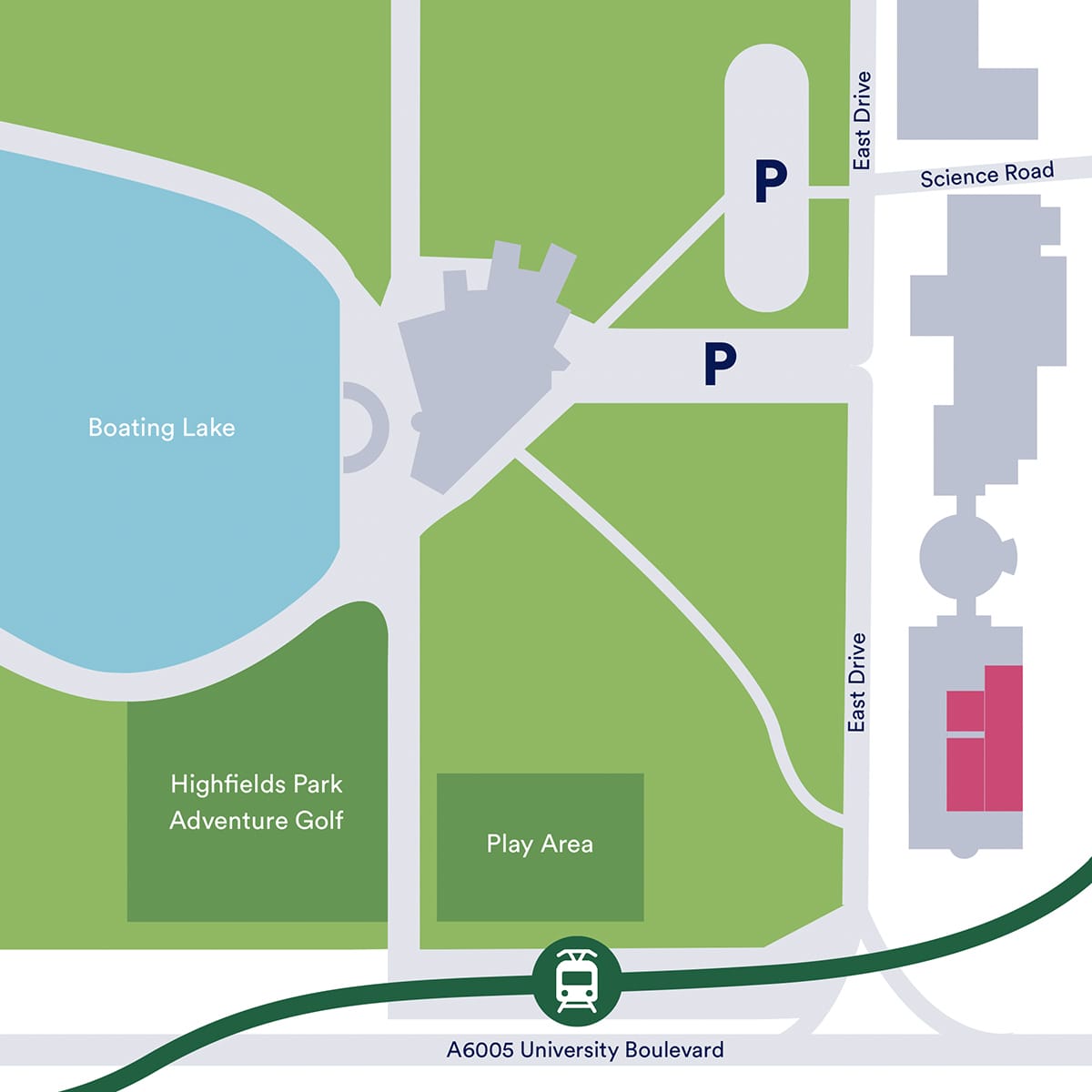 A map showing where the Djanogly Gallery is located in relation to Lakeside Arts' buildings and the surrounding parkland.