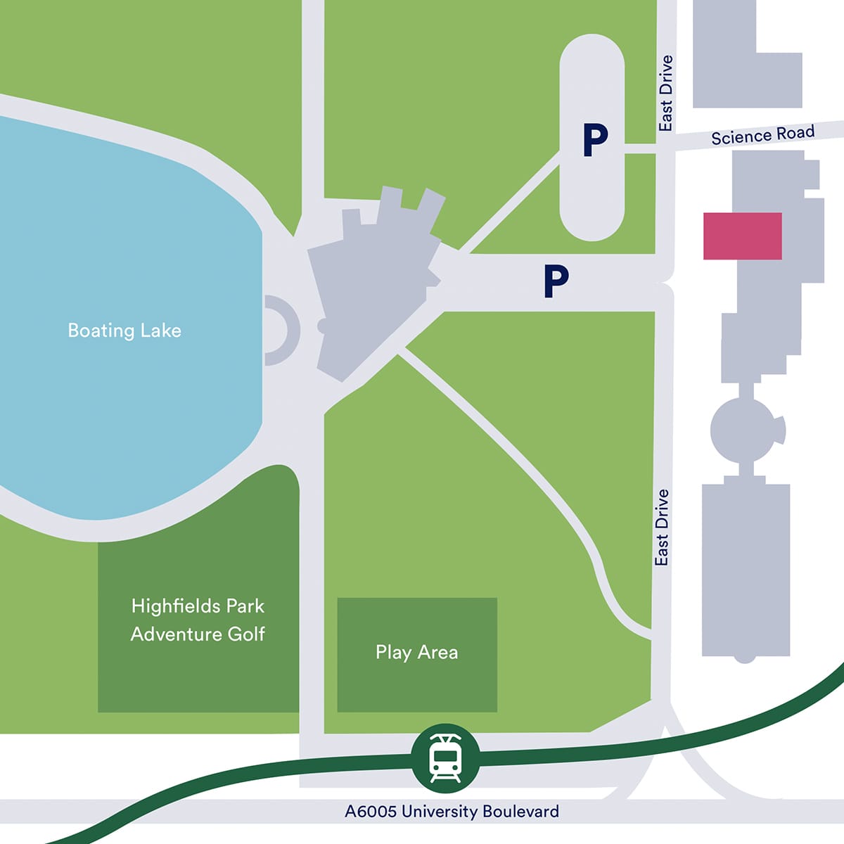 A map showing where the Djanogly Recital Hall is located in relation to Lakeside Arts' buildings and the surrounding parkland.
