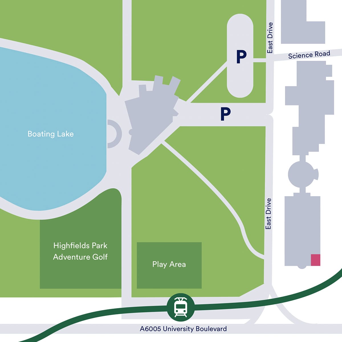 A map showing where the Learning Studio is located in relation to Lakeside Arts' buildings and the surrounding parkland.
