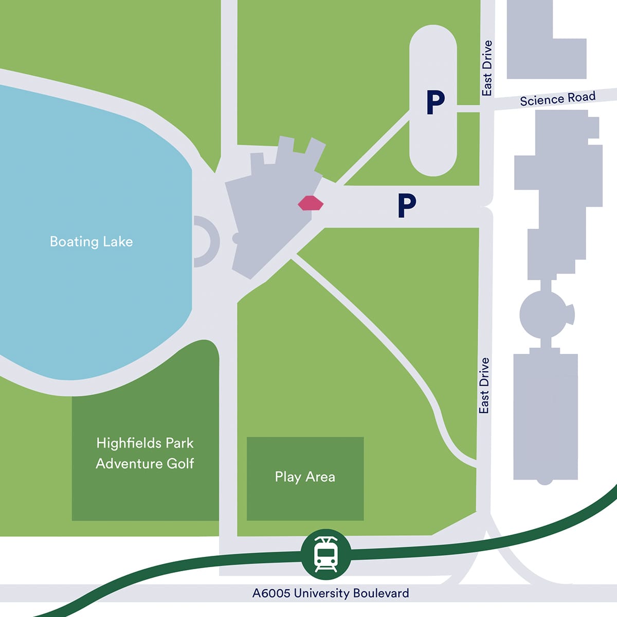 A map showing where Meeting Room One is located in relation to Lakeside Arts' buildings and the surrounding parkland.