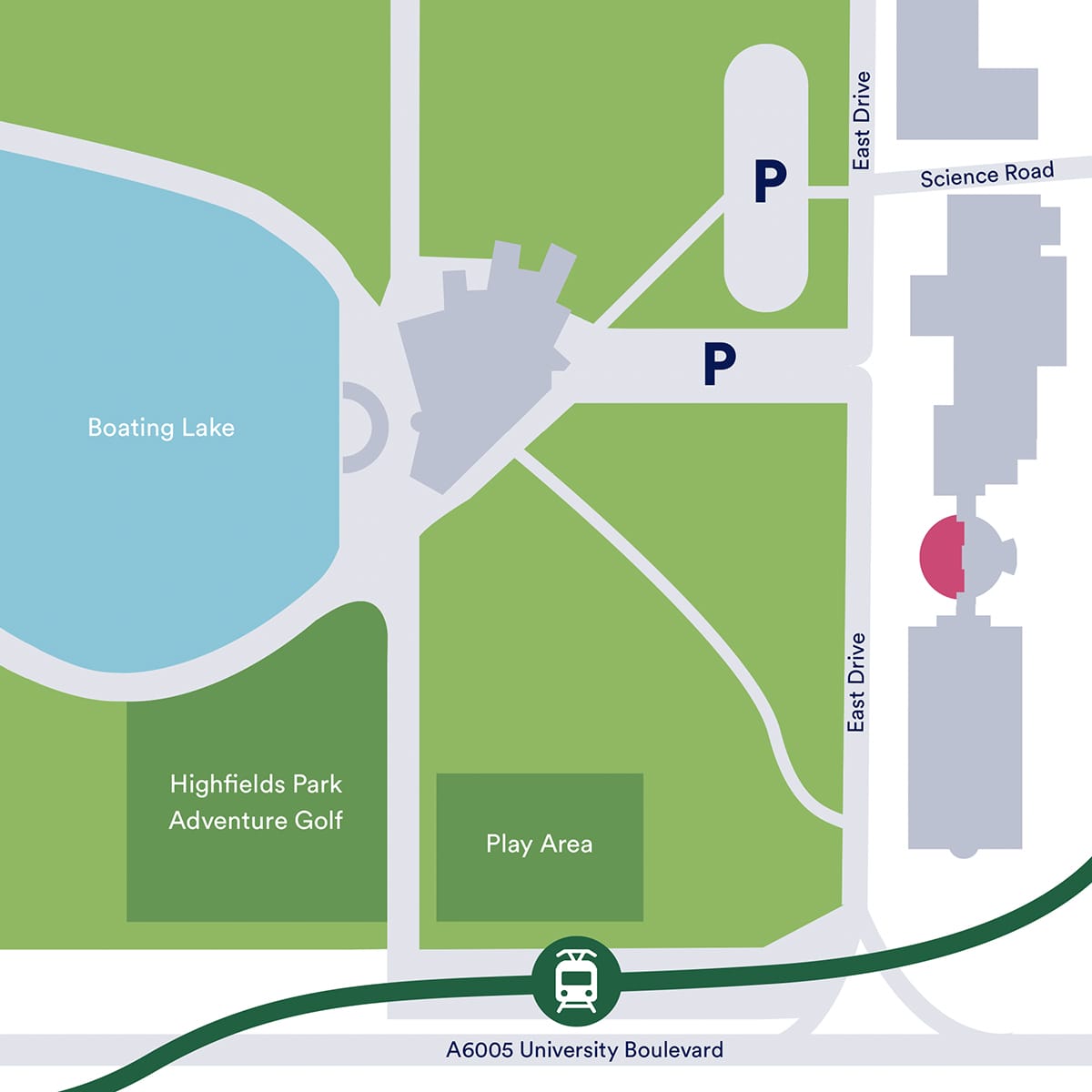 A map showing where the University of Nottingham Museum is located in relation to Lakeside Arts' buildings and the surrounding parkland.
