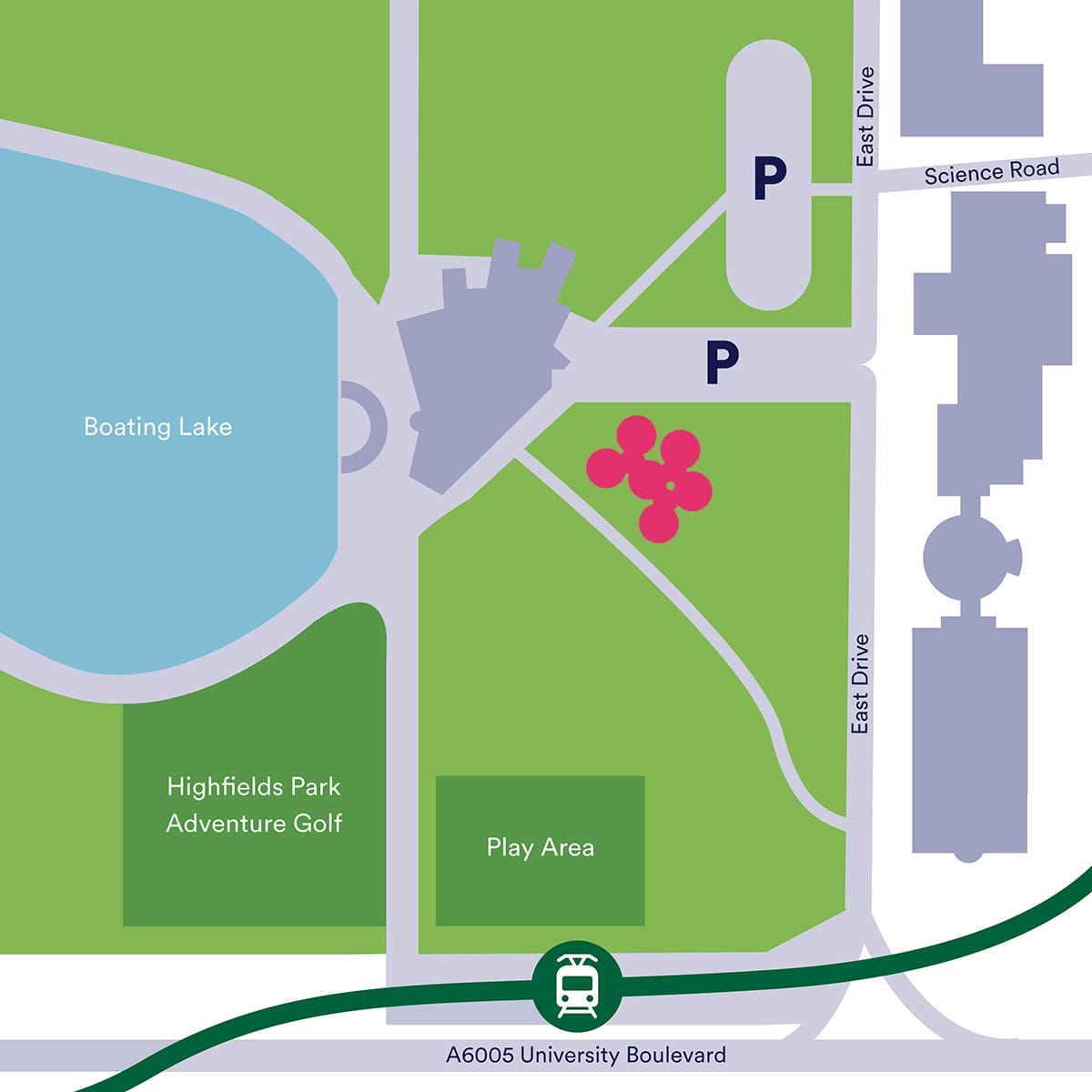 A map showing where we site Luminaria in Highfields Park in relation to Lakeside Arts' buildings and the surrounding parkland.