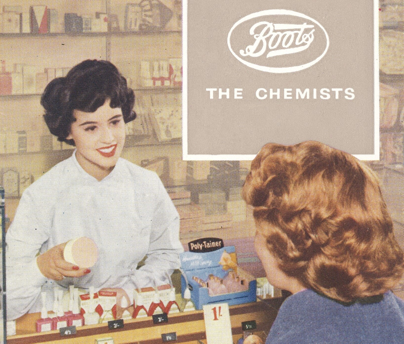 An old poster from Boots where two women converse over a pharmacy counter