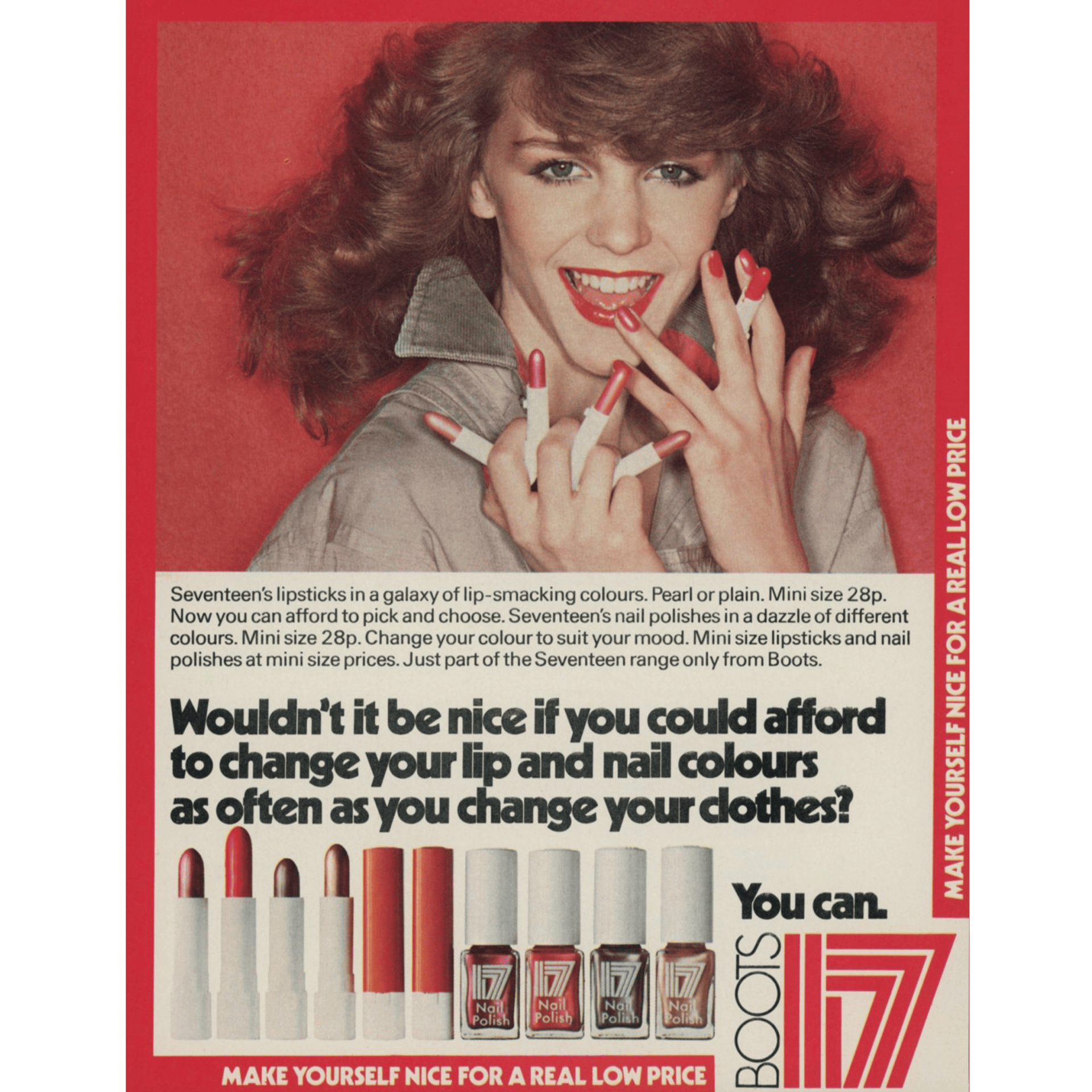 Vintage Boots poster of a teenage girl holding lipsticks