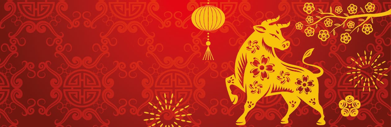 Chinese style illustration in red and gold of an ox