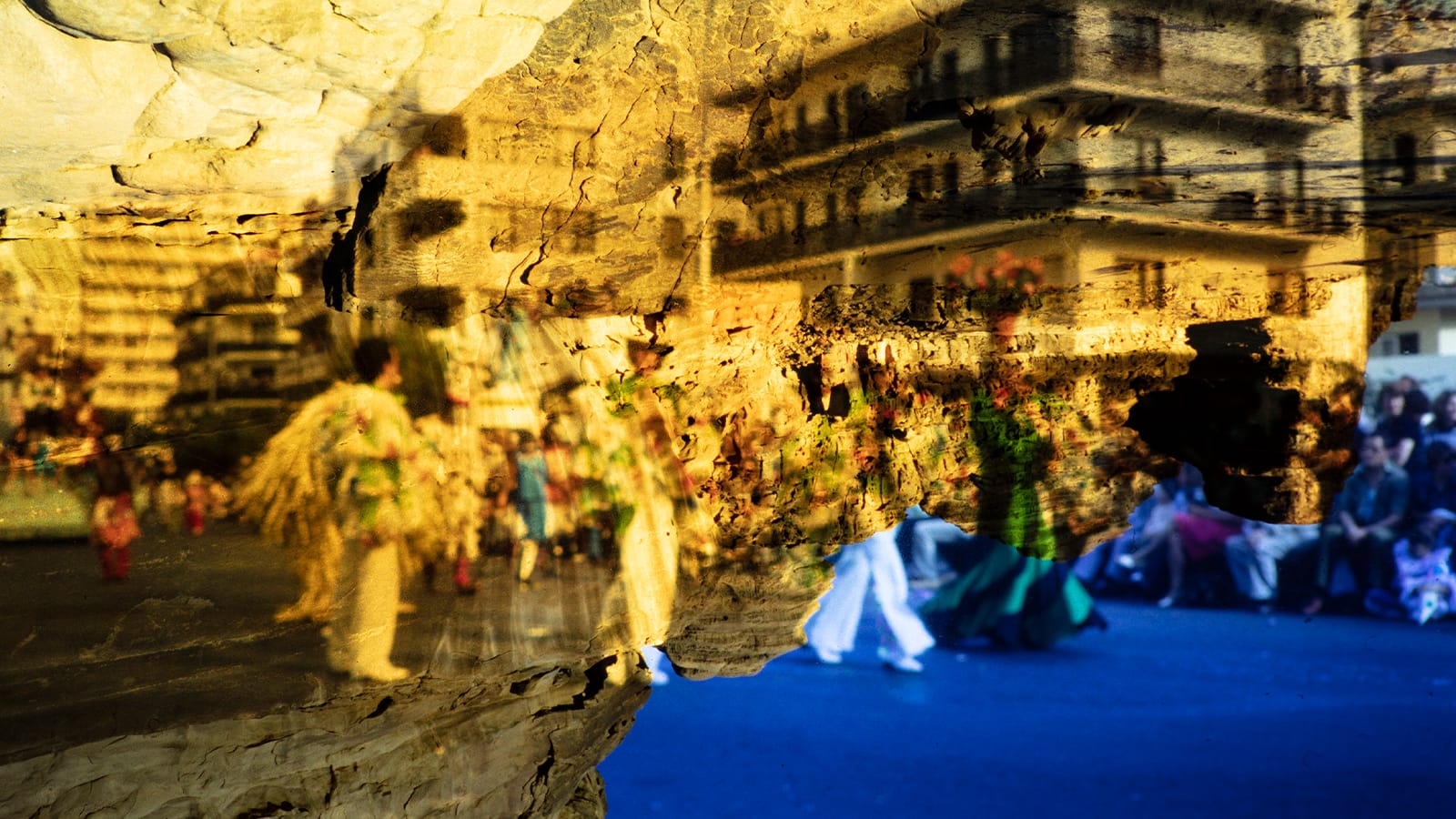 two photos overlaid with blue and yellow paint showing people in a carnival