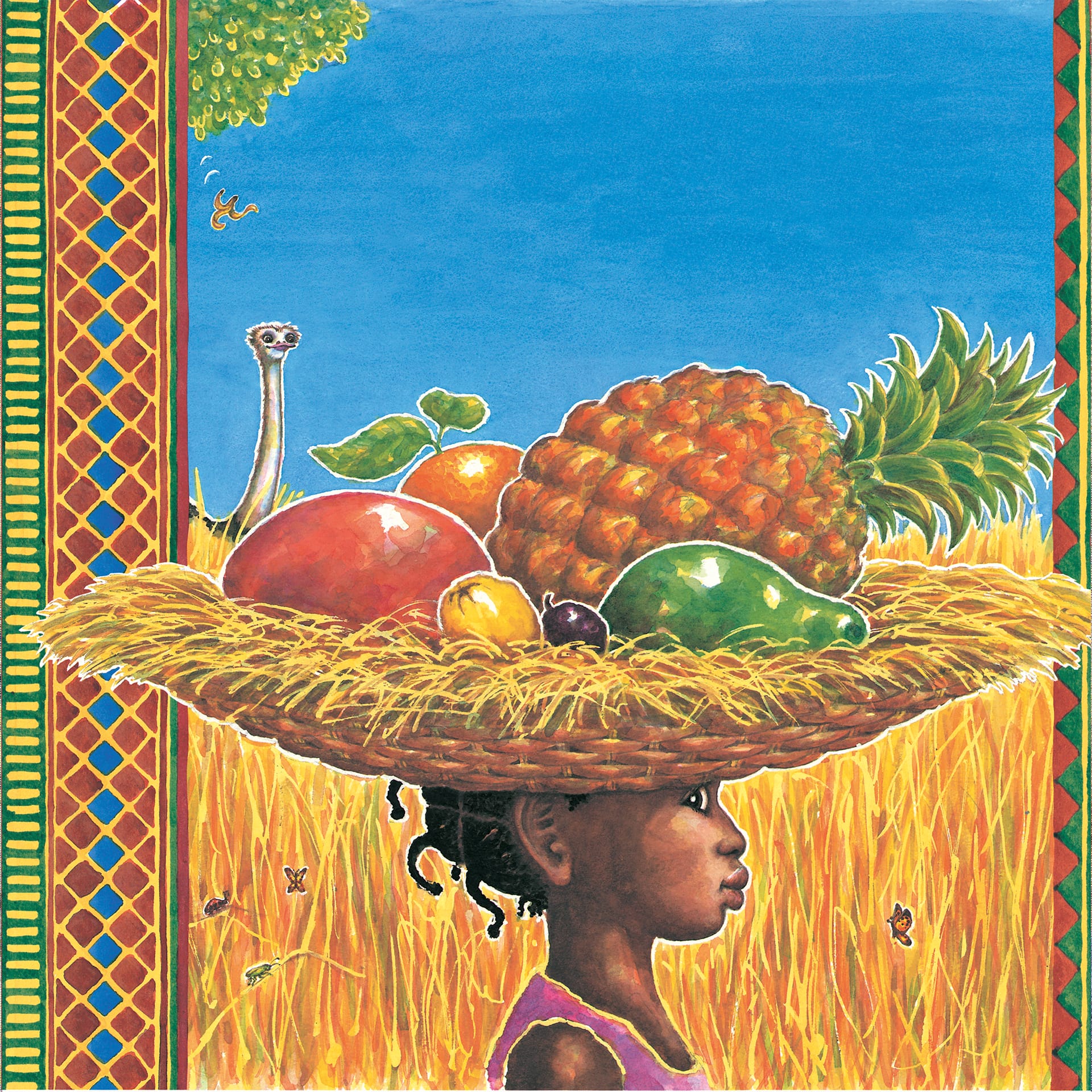 An illustration of a young girl with a bowl of fruit on her head.