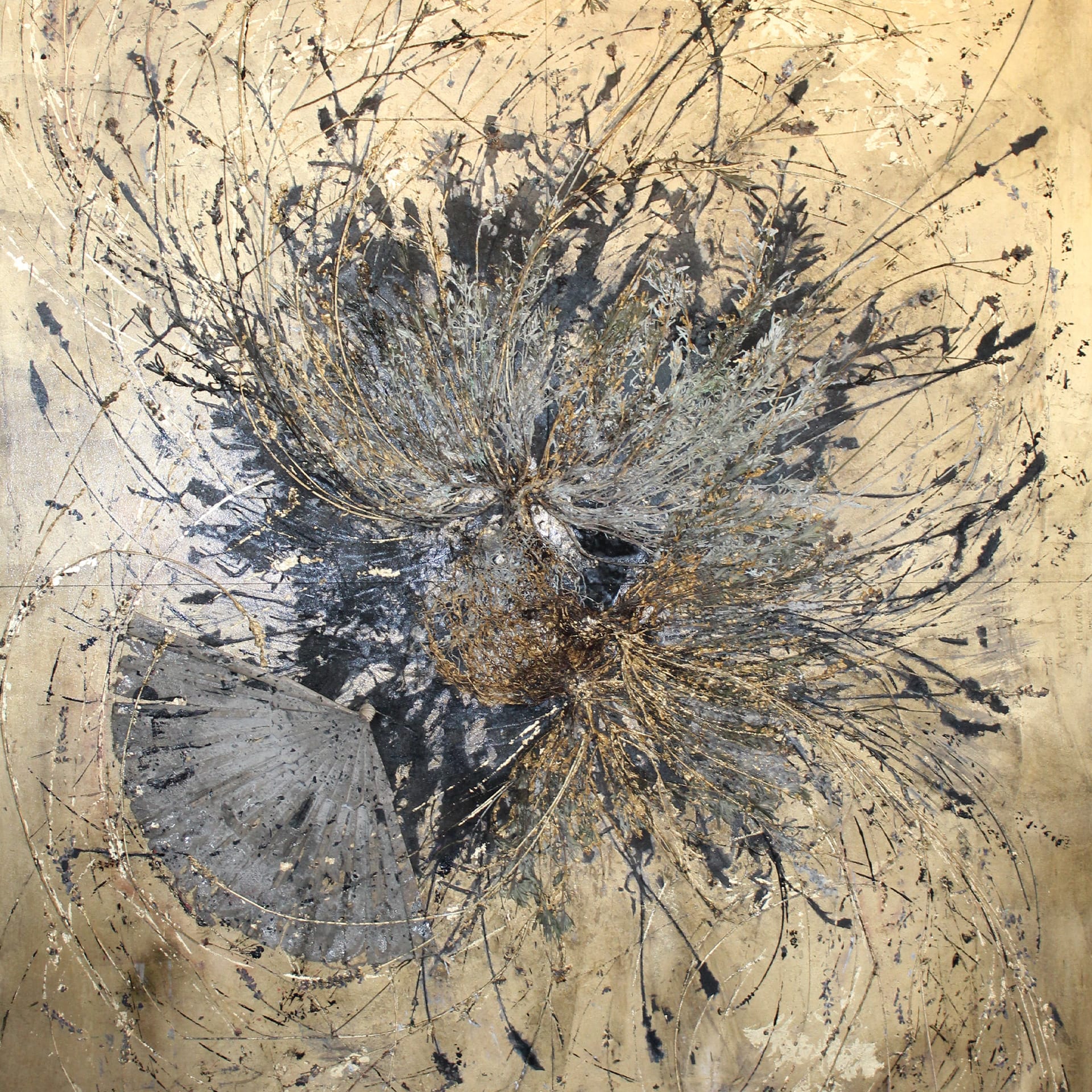 Artwork by John Newling a gold background with a grey bird