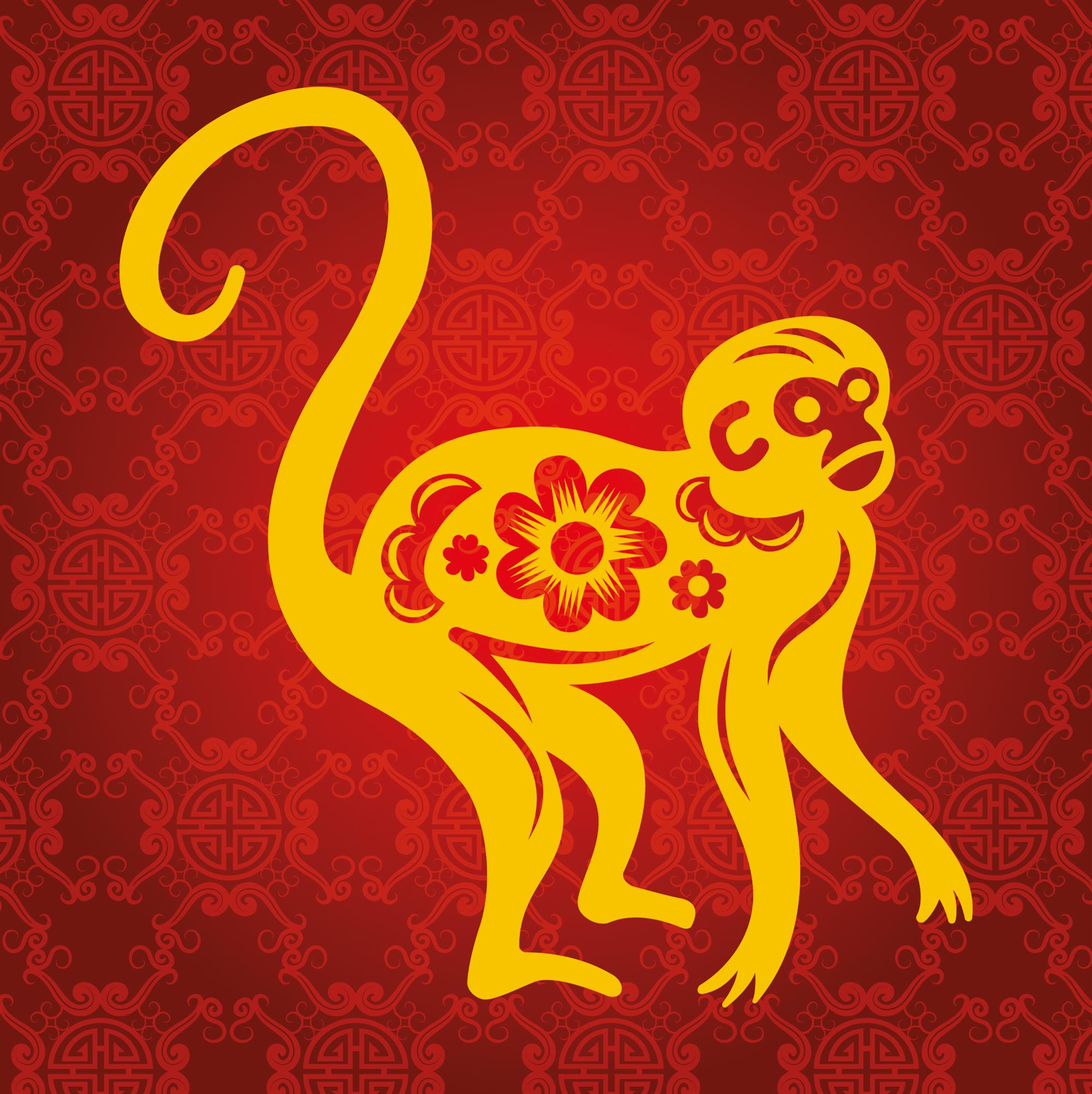 Red and yellow Chinese Style illustration of a monkey