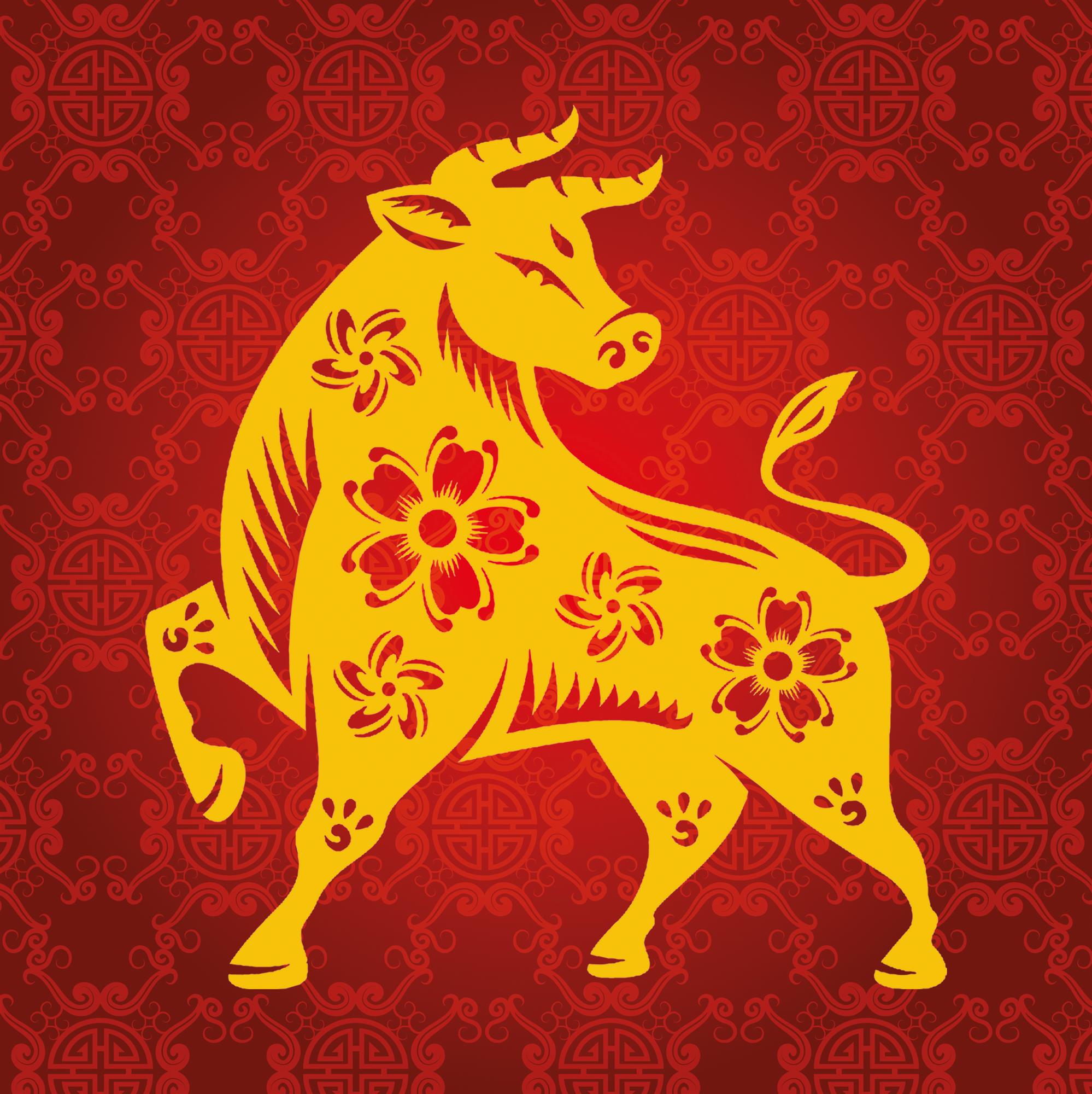 A Chinese style illustration in red and yellow of an ox
