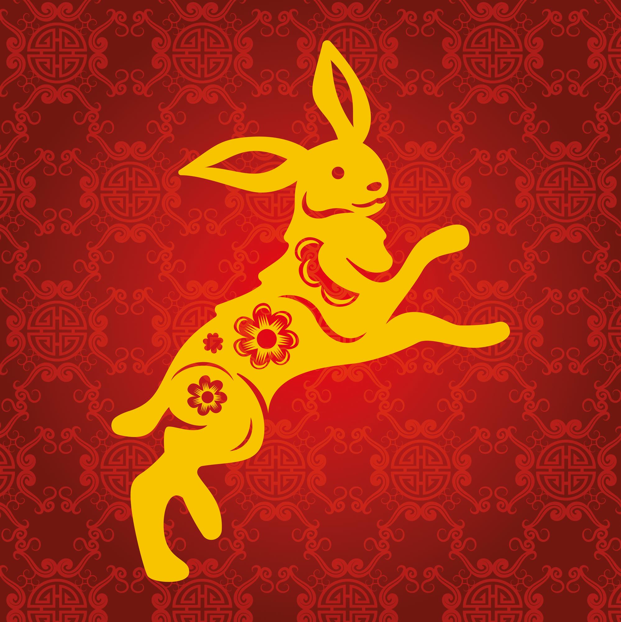 A Chinese style illustration of a rabbit in red and yellow