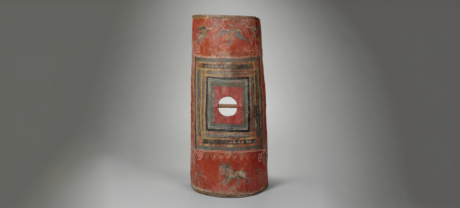 A red Roman shield