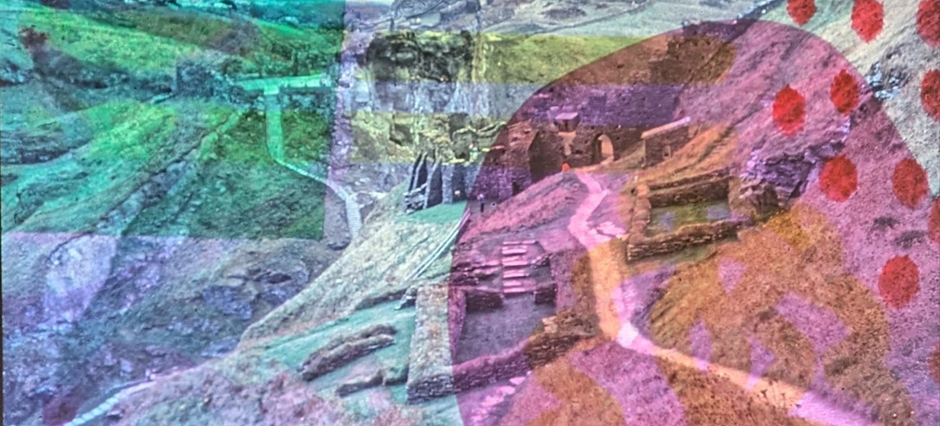 Fun patterns and colours overlaid on a grey picture of a mountain