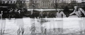 Two black and white photos overlaid of a group of people holding hands in the snow in Highfields Park