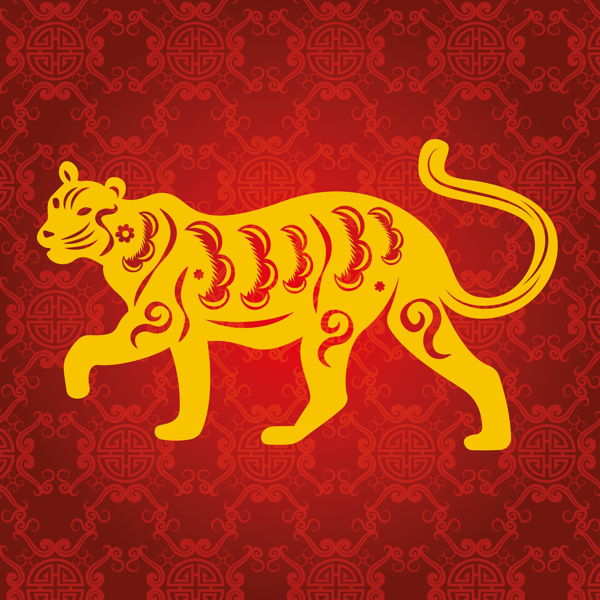 Chinese style illustration in red and yellow of a tiger