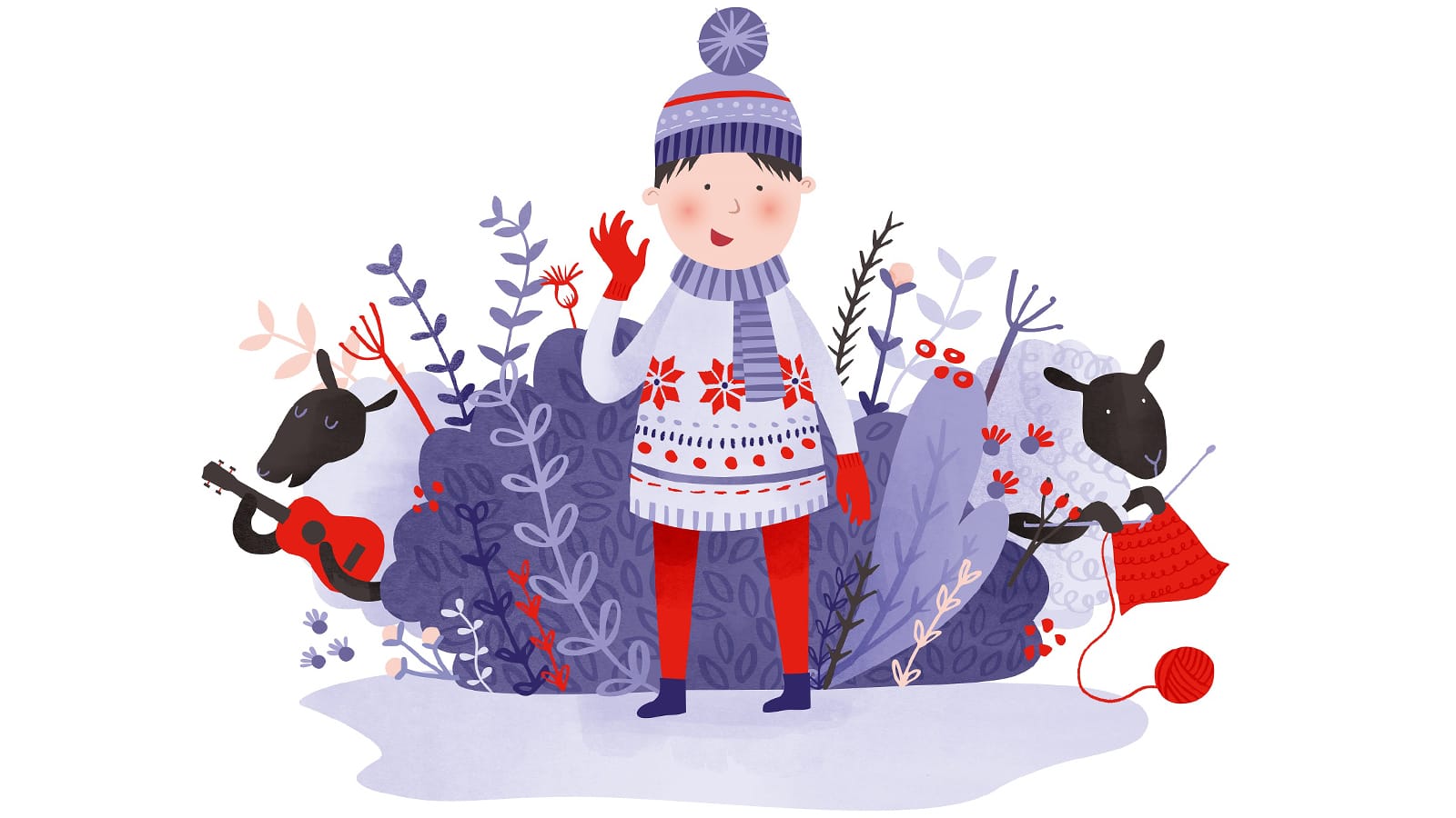 An illustration of a young boy with a woolly hat and surrounded by sheep