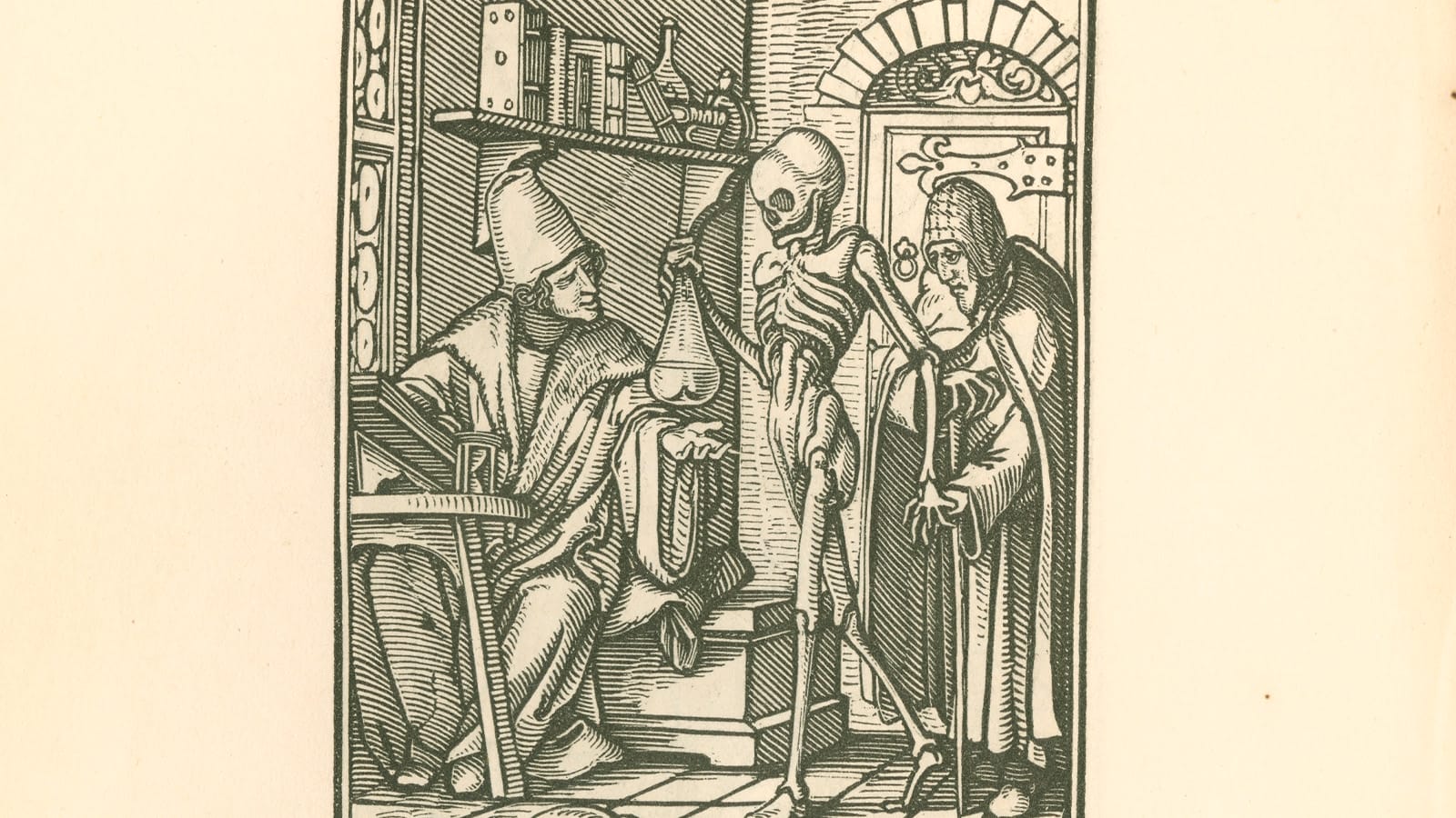 A manuscript image of a skeleton holding a bag