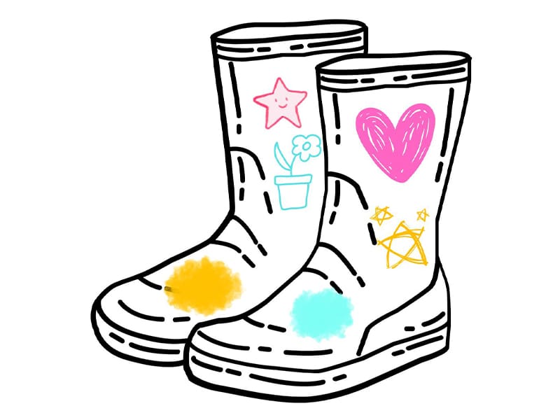 A cartoon drawing of some wellies decorated with drawings