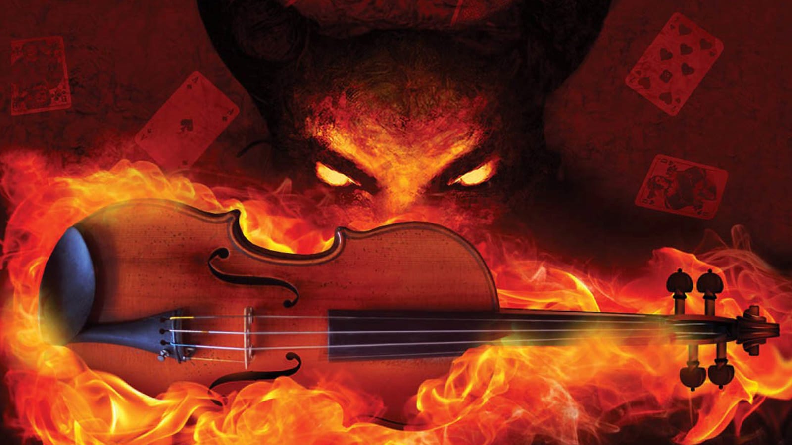 A devil looks over a burning fiddle