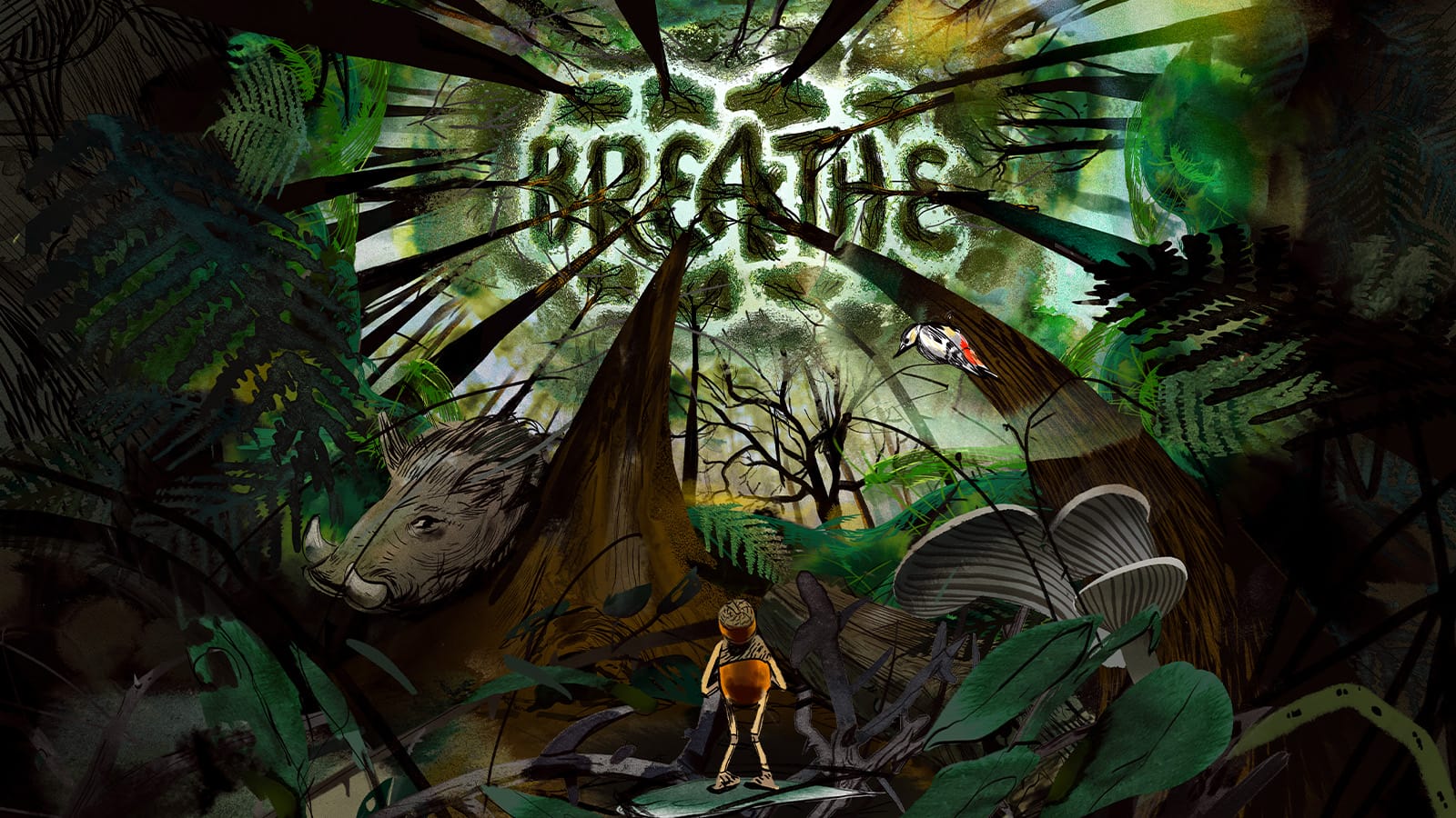 An illustration of a tiny acorn man looking up at the trees