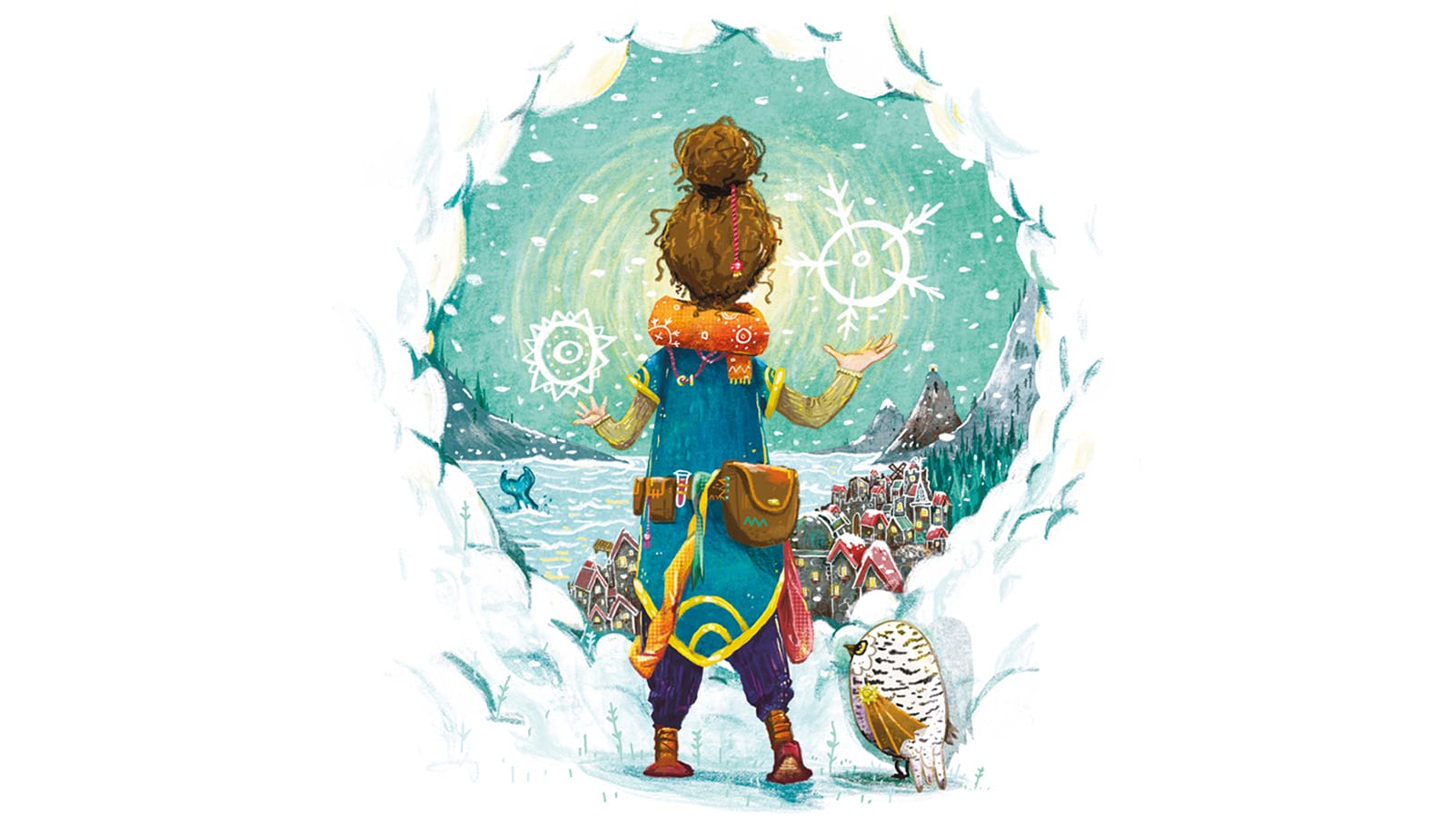 An illustration of a girl and an owl casting spells to make snow