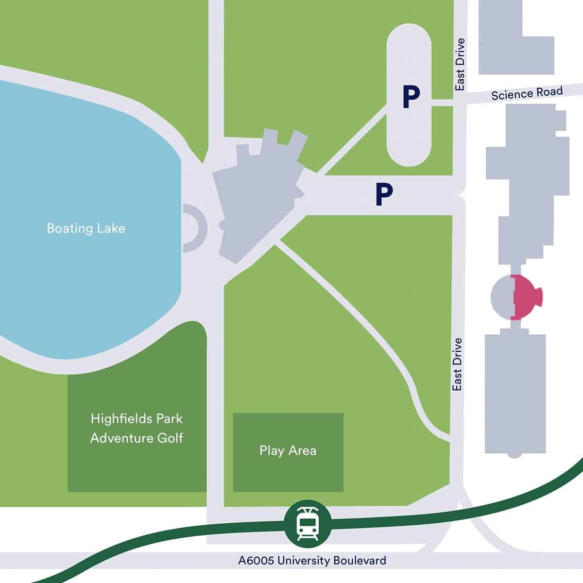 A map showing the buildings of lakeside with the arts lecture theatre highlighted in pink