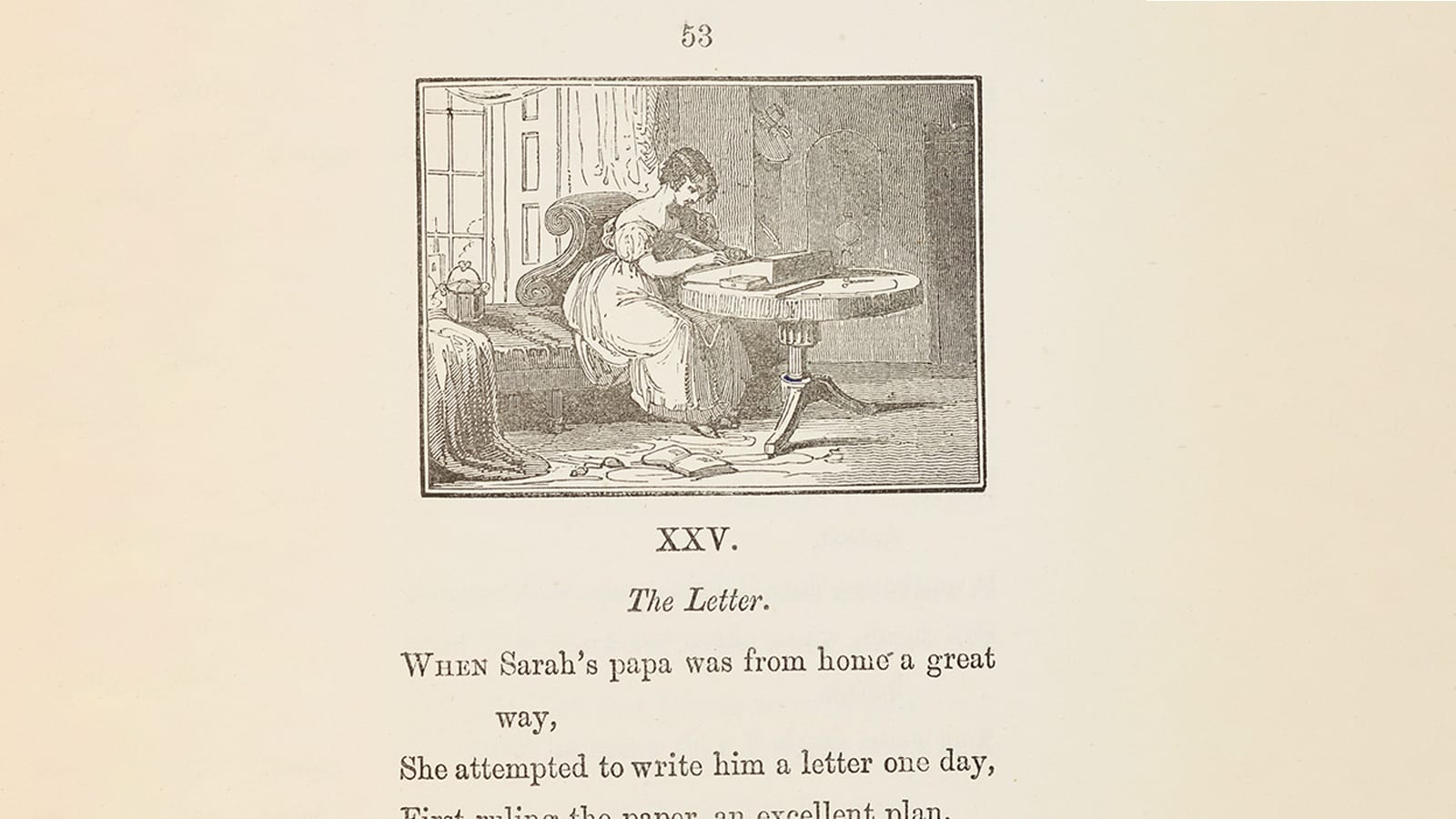 An old page from a book with an image of a woman writing