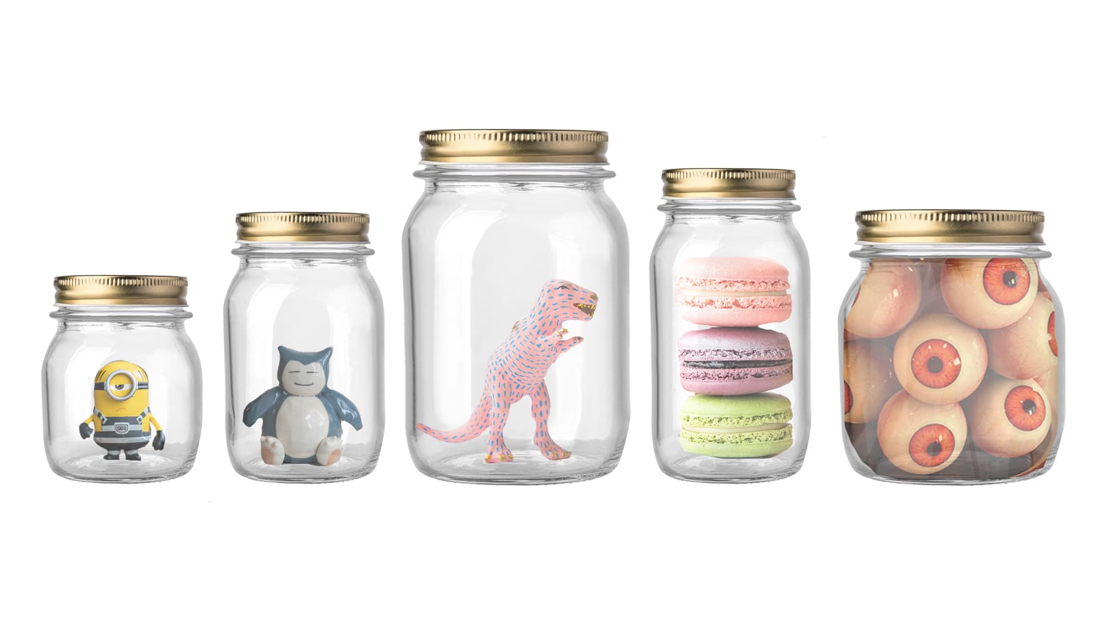 A row of glass jars with small toys inside of them, including a pink dinosaur and a minion