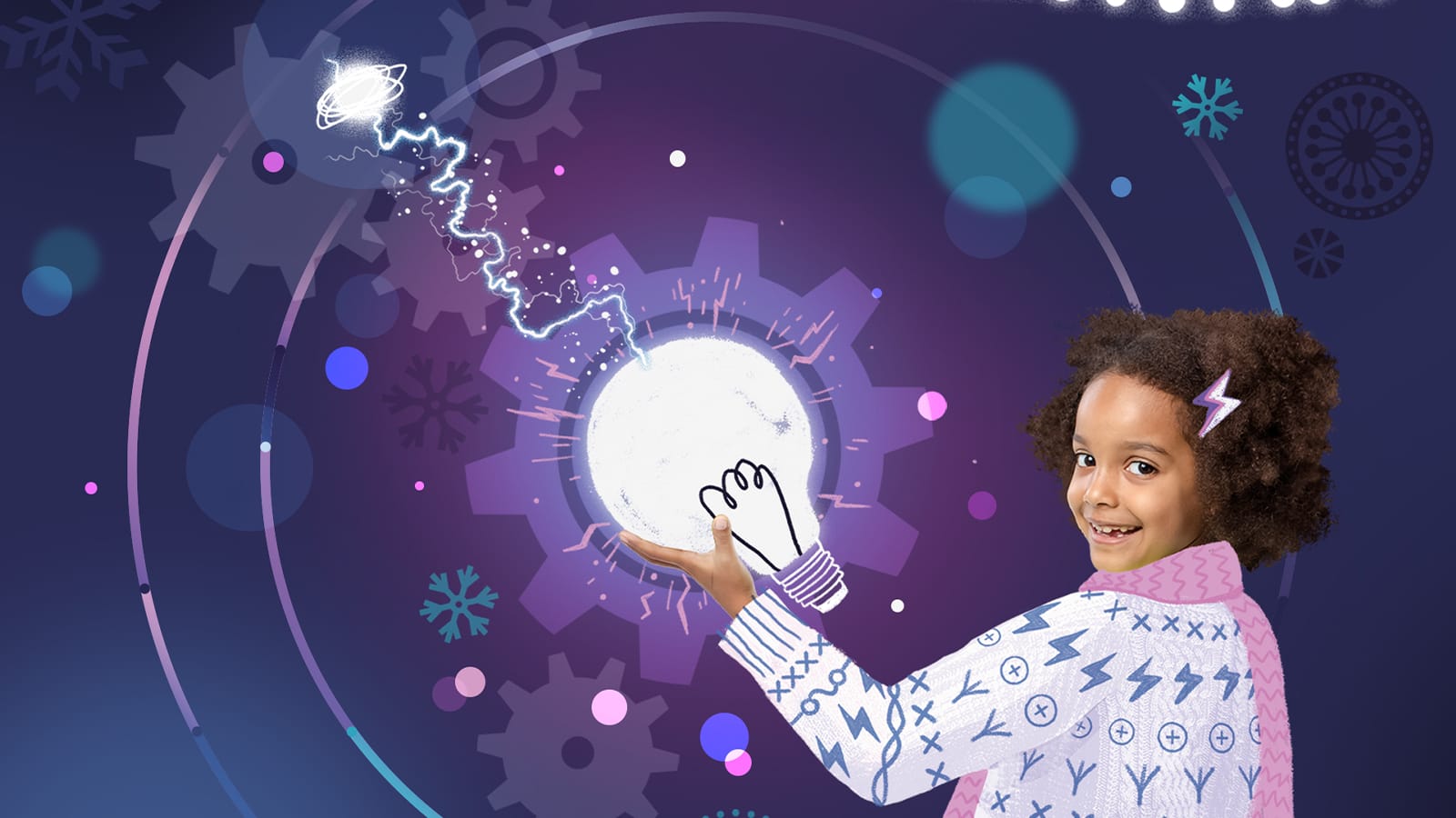 A girl lights a lightbulb with magic powers