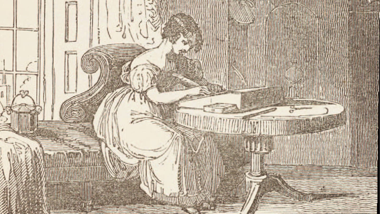 A manuscript drawing of a woman writing a letter