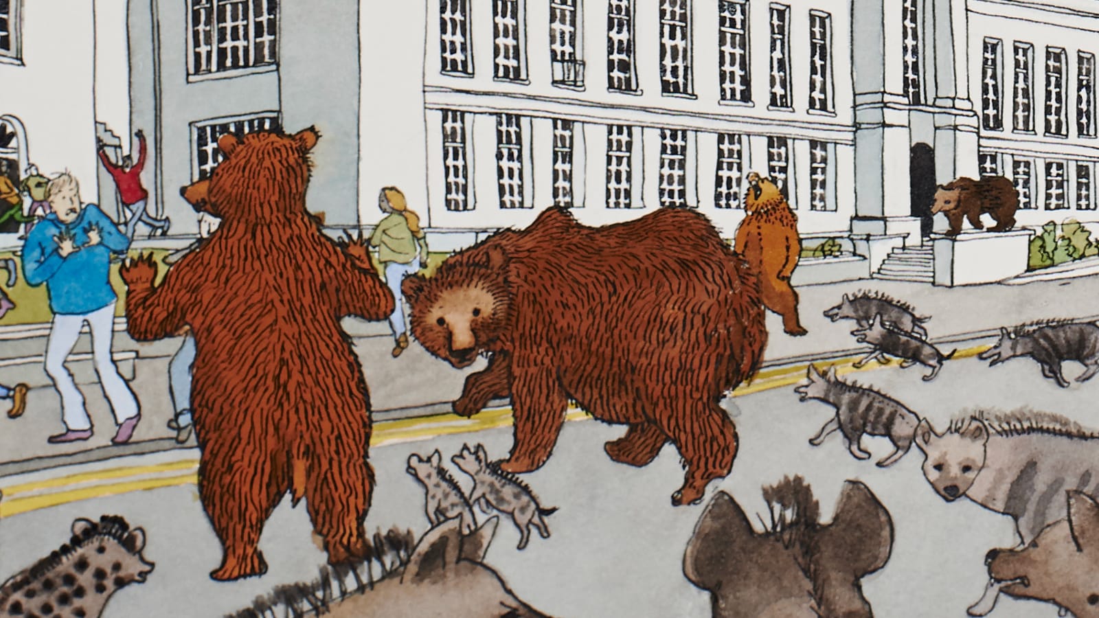 A cartoon illustration of two brown bears walking up to a white building form the University of Nottingham
