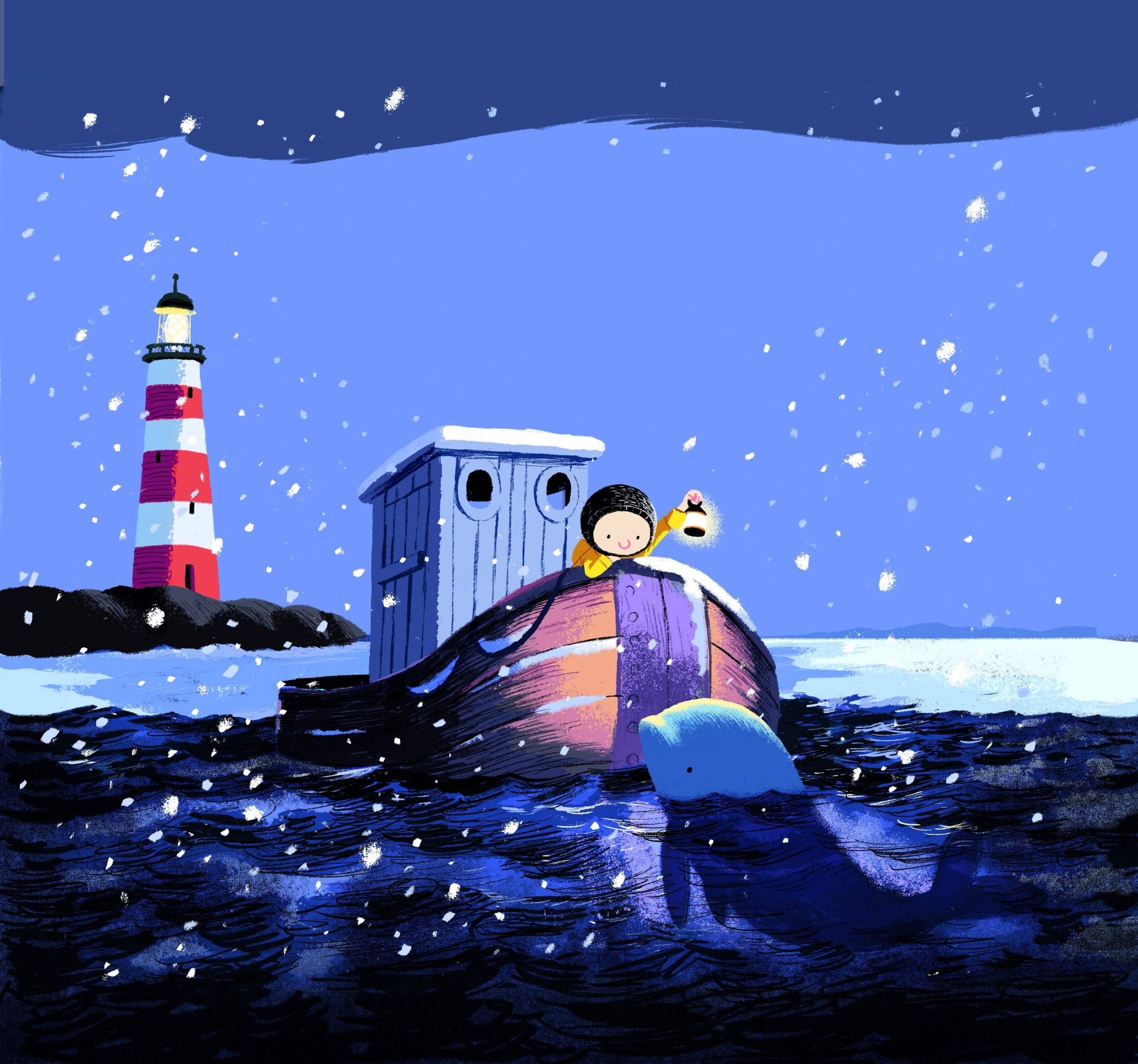An illustration of a little boy on a boat in the sea and snow looking at a whale