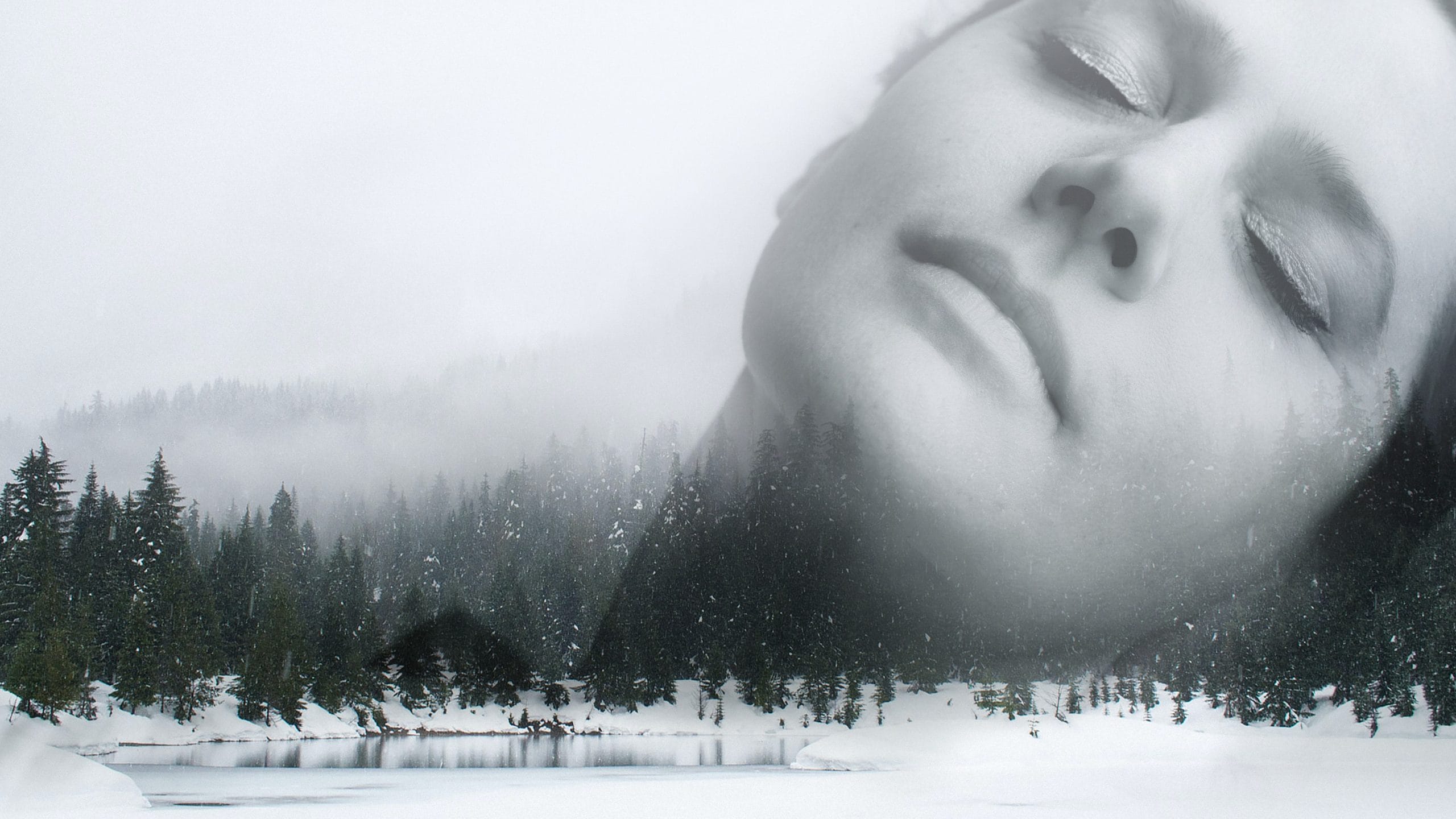 Close up of violinist Rakhi Singh with a snow covered forest wilderness.