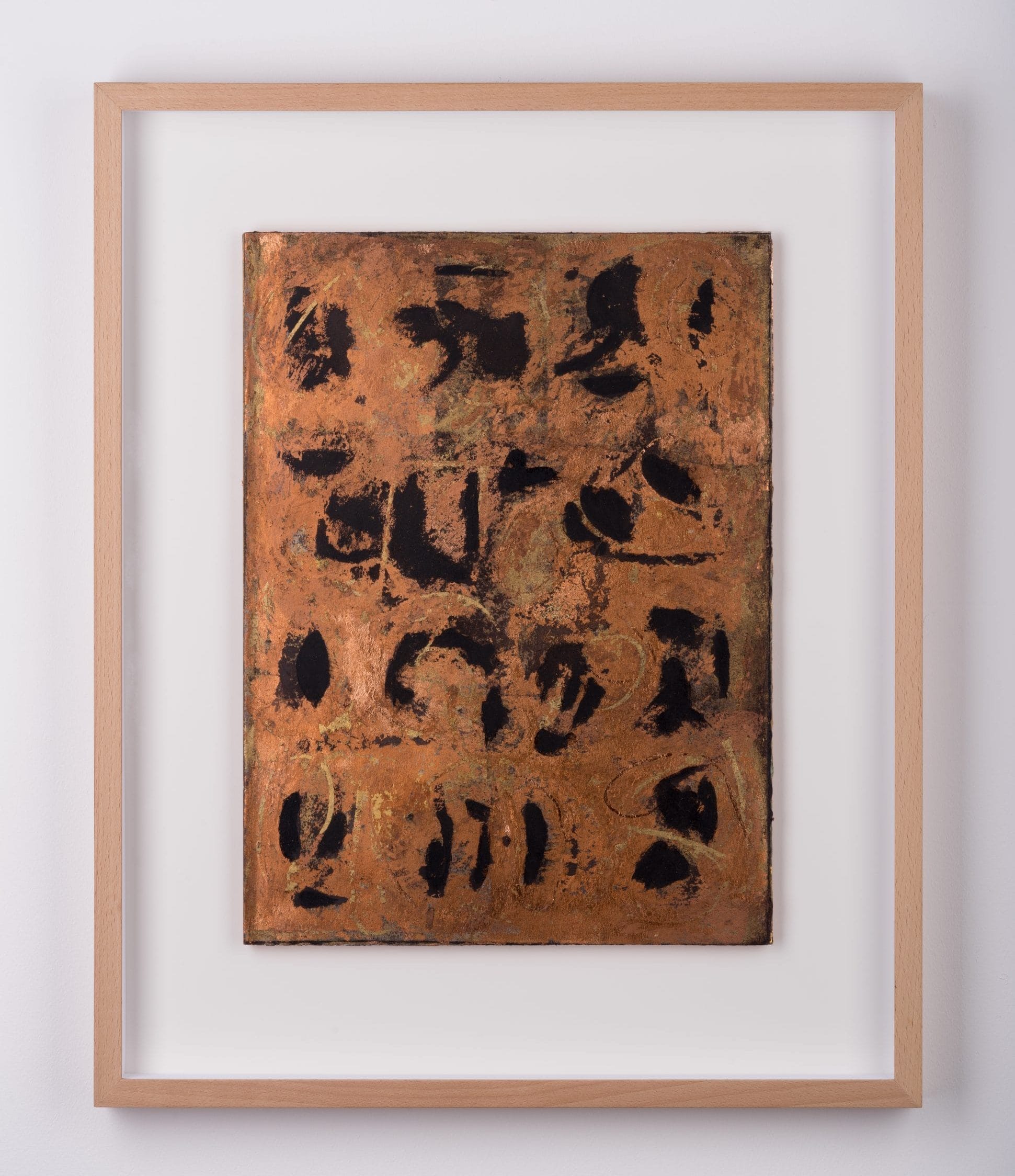 An image by John Newling, a copper background with black markings