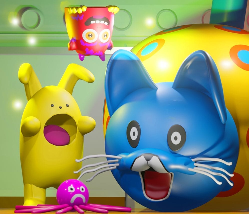 A selection of inflatable monsters including a yellow mega bunny, a sad pink octopus and a large blue cat with white whiskers