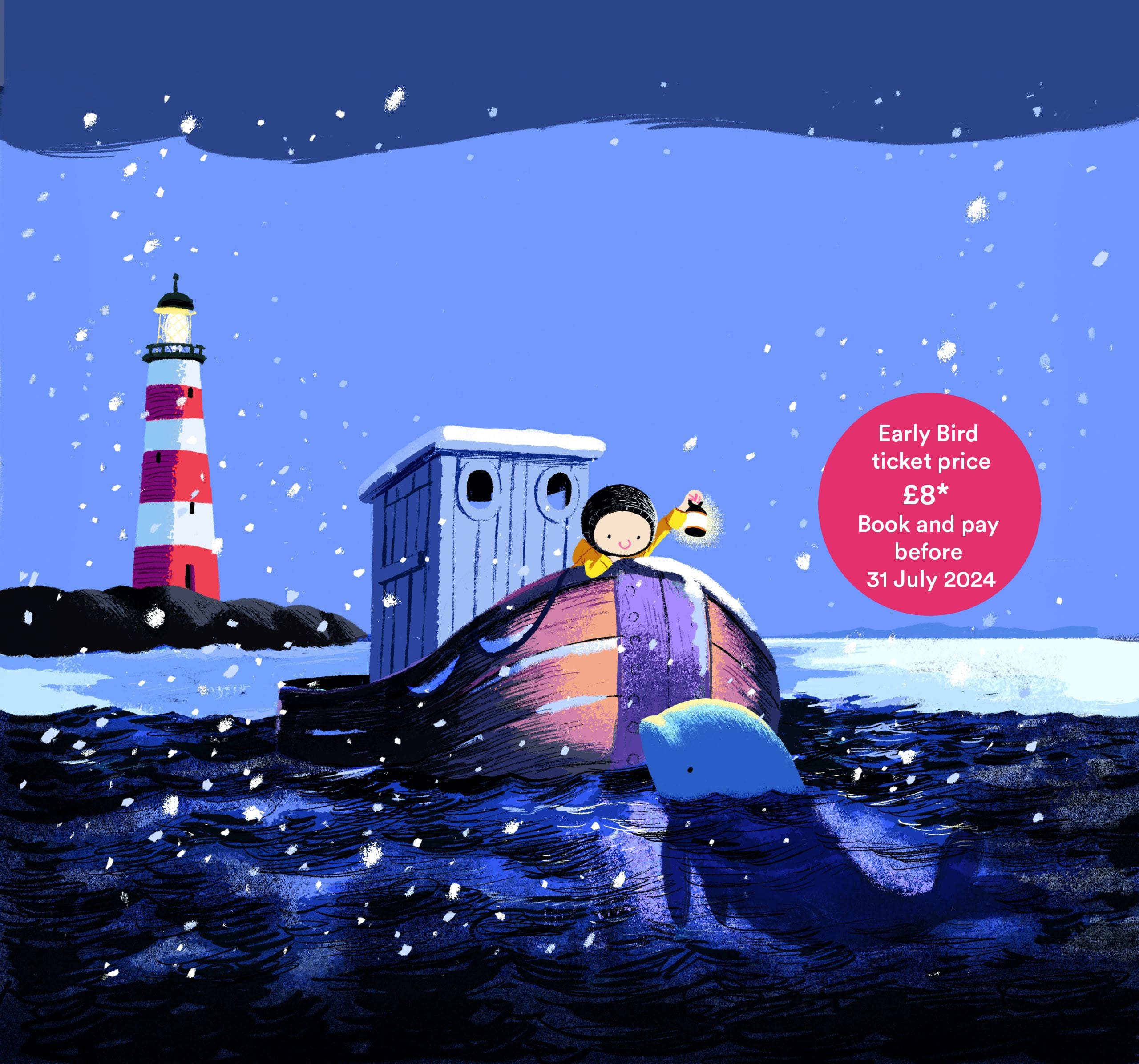 An illustration of a small child at the end of a wooden boat, holding a lamp in the darkness, whilst a whale sits next to the boat. A snowy scene and a lighthouse sit in the background,