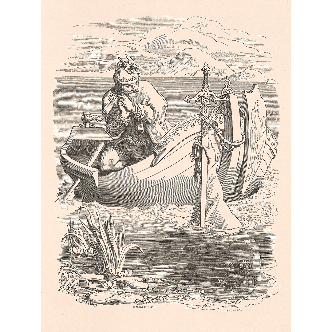 A illustration on King Arthur on board a wooden boat receiving Excalibur from the sea