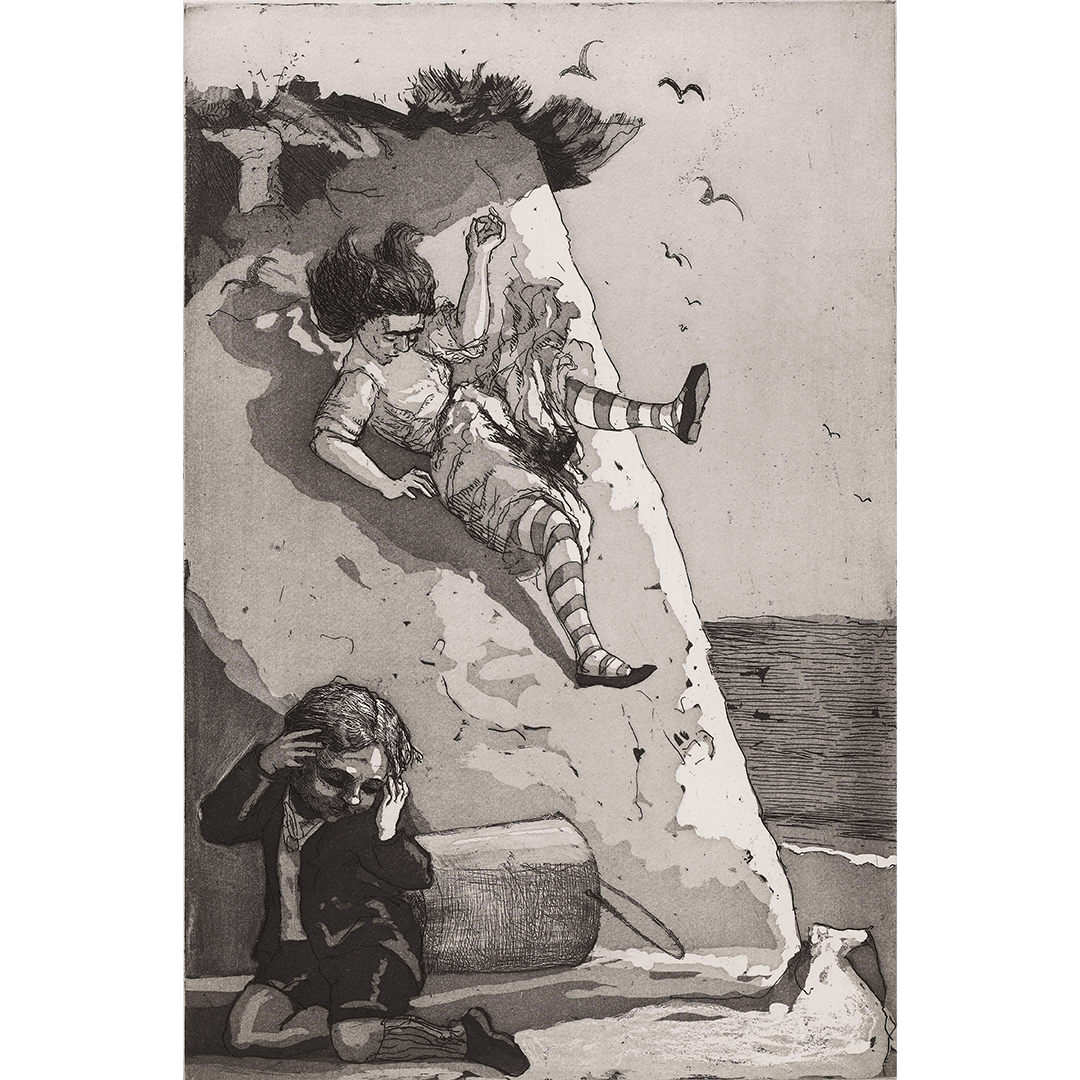A black and white print by artist Paula Rego of a person sliding down the cliff based on the nursery rhyme Jack and Jill.