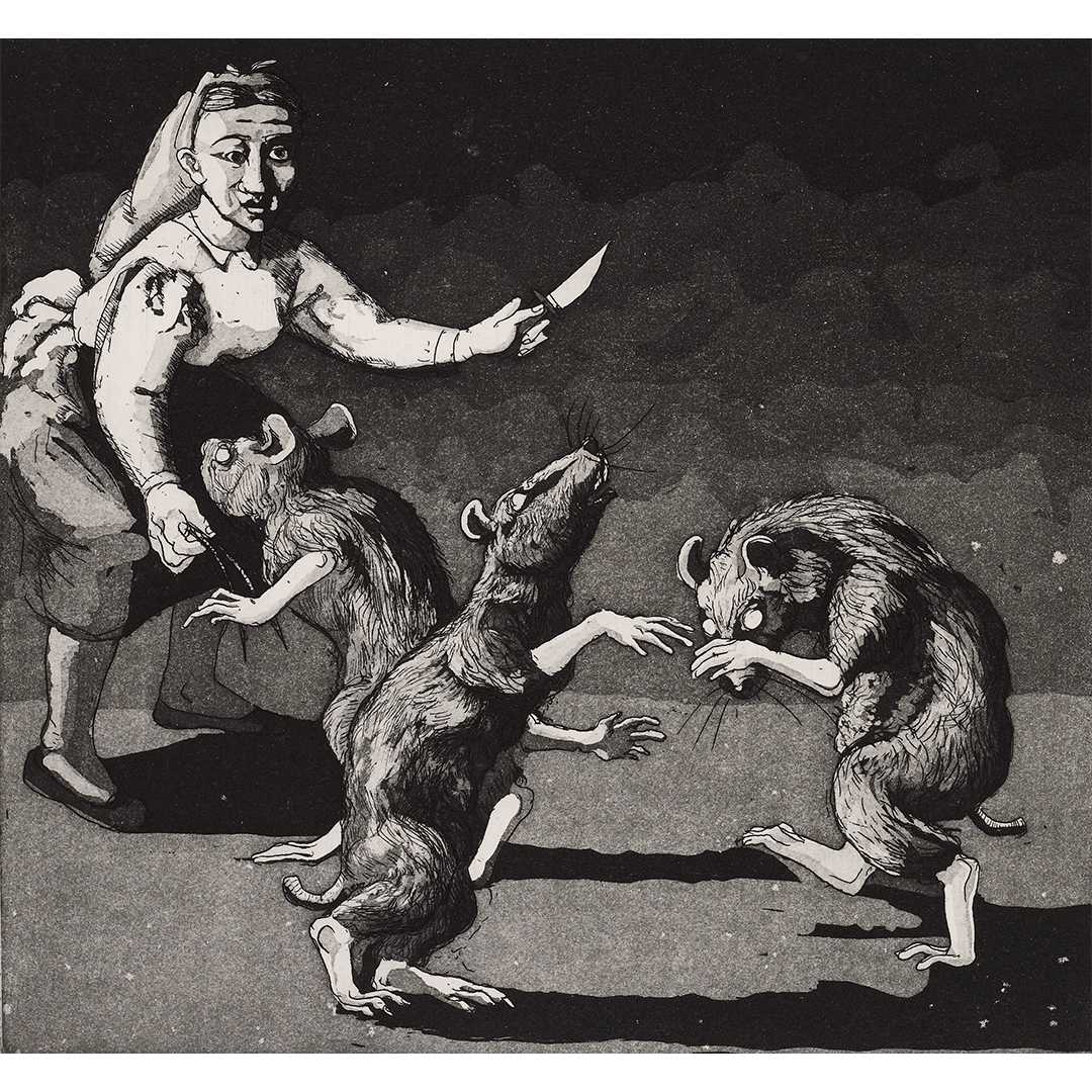A black and white print by Paula Rego, based on the nursery rhyme, three blind mice.