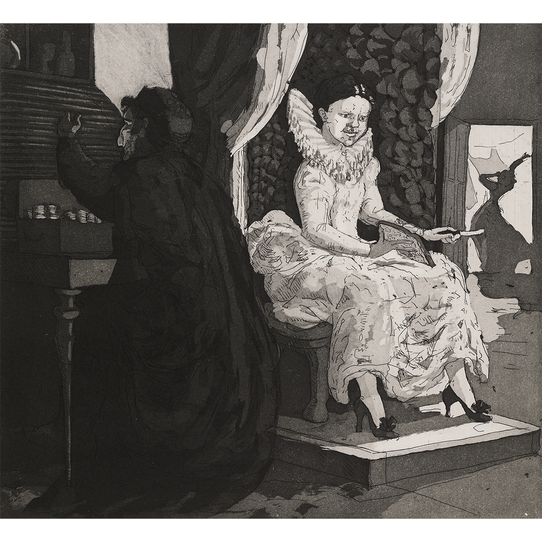 A black and white illustration by Paula Rego based on the nursery rhyme Sing a Song of Sixpence.