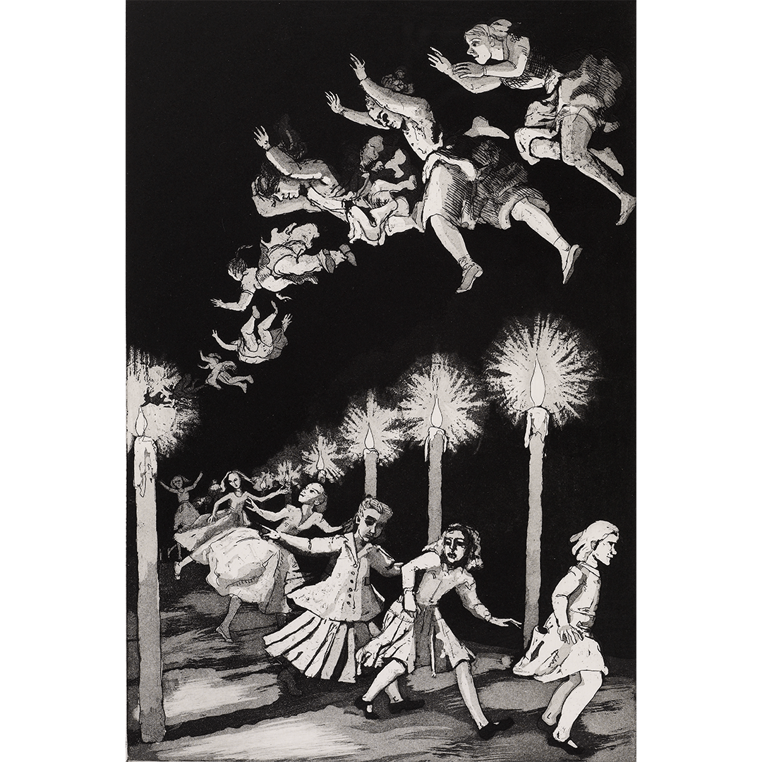 A black and white print shows figures walking through a pathway of candles.